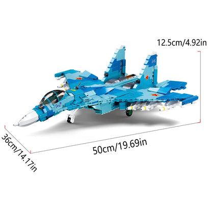 DAHONPA Su-27 Flanker brick model, dimensional chart showing 50cm length, 36cm wingspan, 12.5cm height, proportional design.
