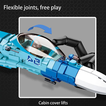 DAHONPA Su-27 brick model cockpit close-up, feature card demonstrating the opening cockpit canopy (cabin cover lifts).