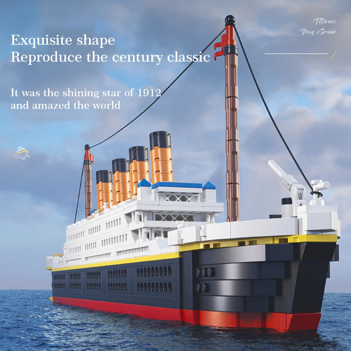 DAHONPA Titanic cruise ship model crafted with premium building blocks on a realistic ocean banner