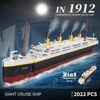 DAHONPA Titanic giant cruise ship building blocks set sailing past icebergs in a night ocean scene commemorating 1912