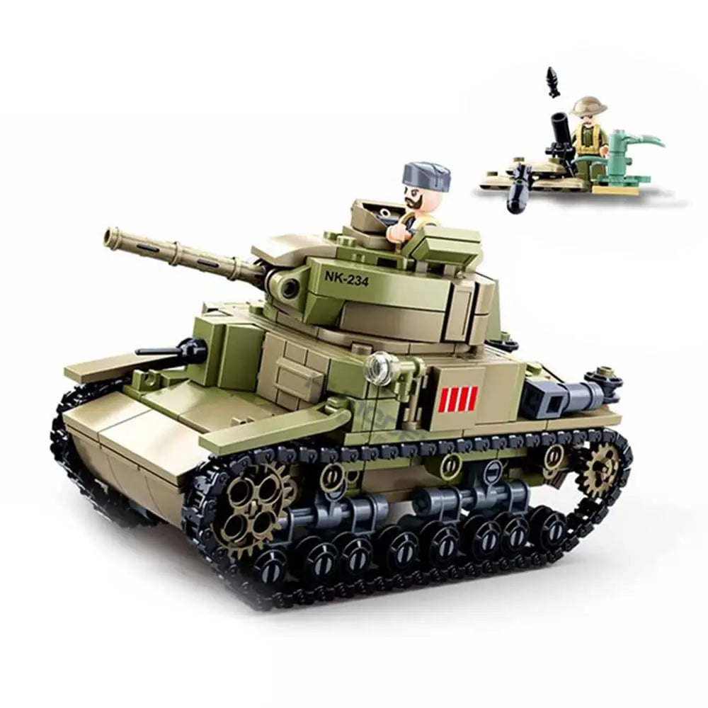 DAHONPA WW2 military tank model and historical mortar artillery position built from a premium building blocks set