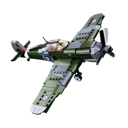 DAHONPA WWII Spitfire fighter plane model fully assembled using premium Building Blocks on a clean white background