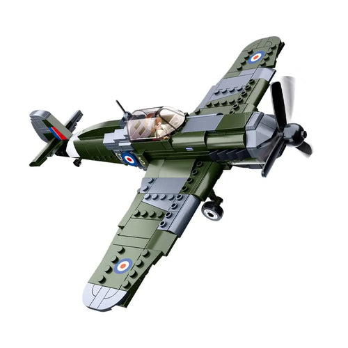 DAHONPA WWII Spitfire fighter plane model fully assembled using premium Building Blocks on a clean white background