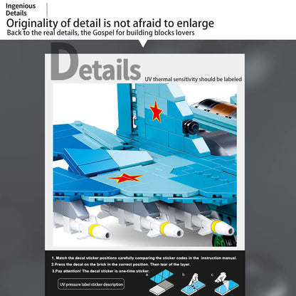 DAHONPA brick-built Su-27 Flanker, feature card with detailed close-ups of engines, landing gear, and weapon details. Stick to the real details text.