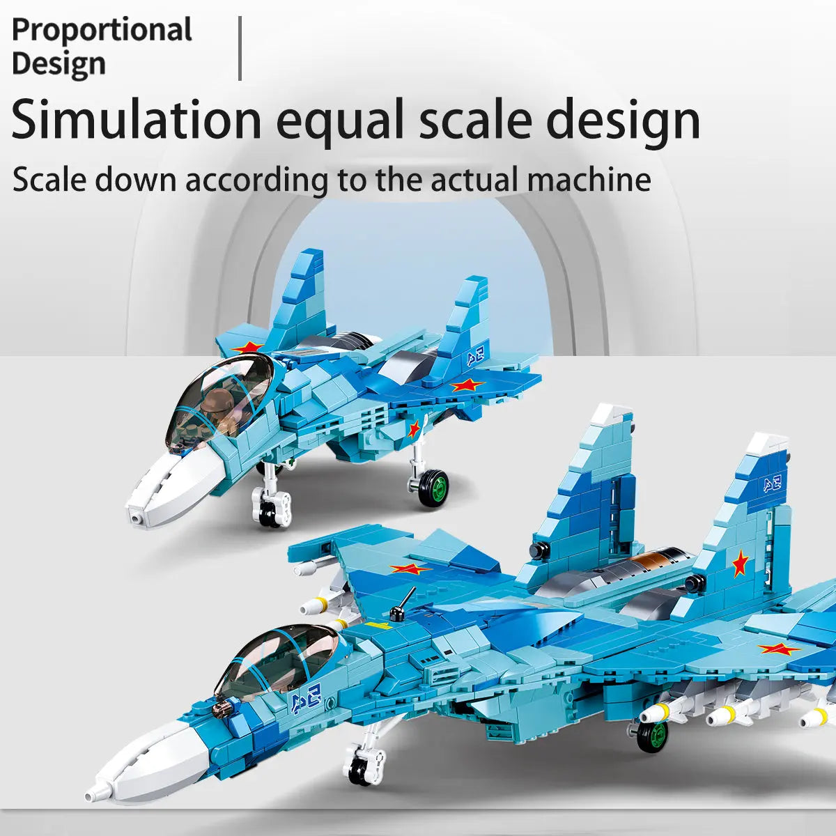 DAHONPA brick model Su-27, feature card highlighting the proportional simulation equal scale design with two models.
