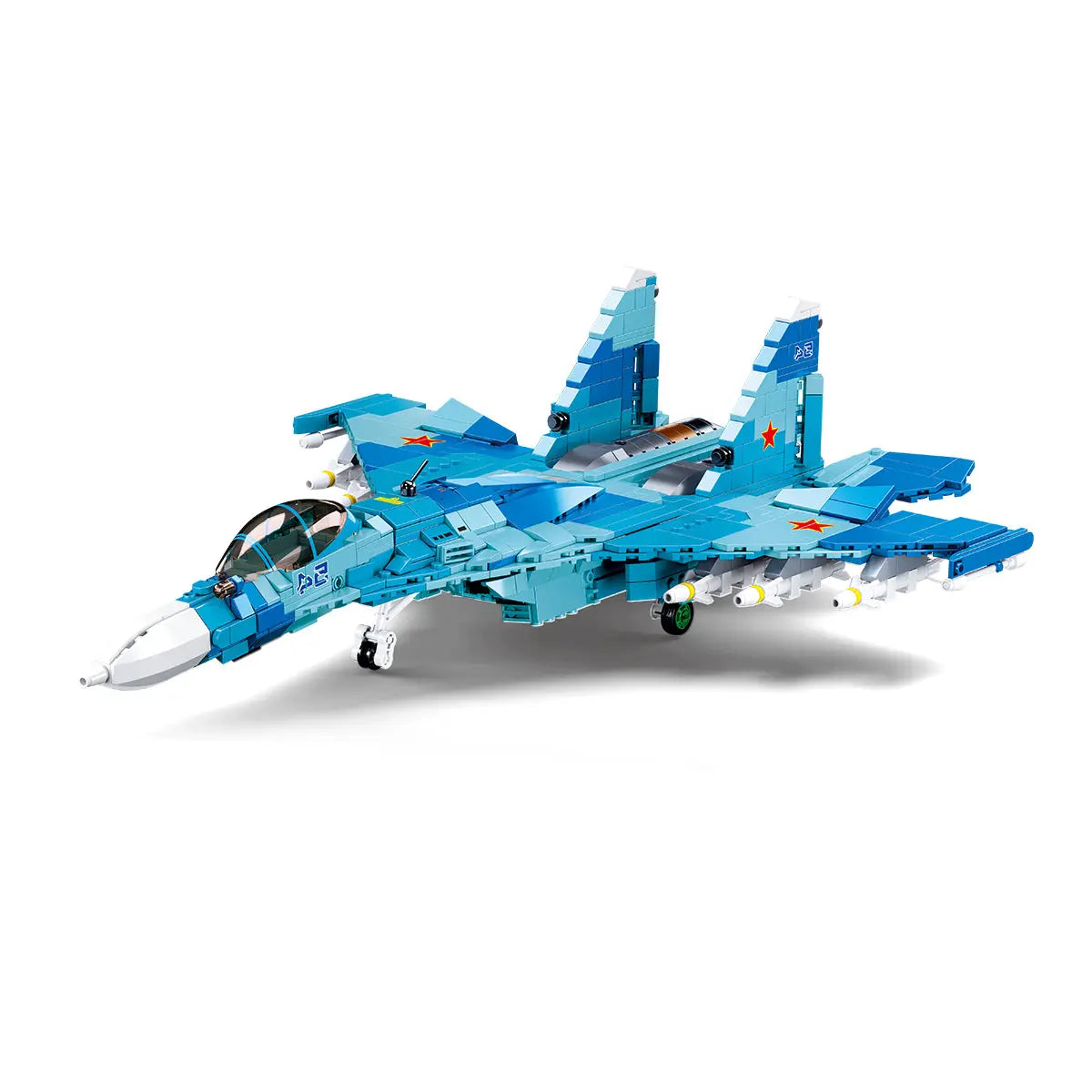 DAHONPA brick model of the Sukhoi Su-27 Flanker fighter jet in blue camouflage, assembled view on a white background.