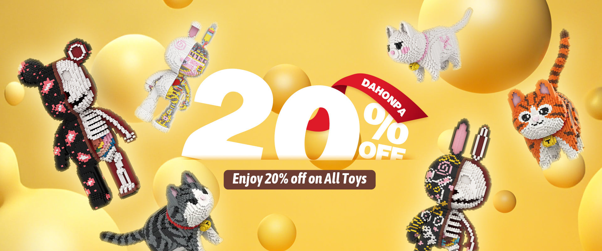DAHONPA micro blocks sets promotion banner offering 20% off on all toys, featuring mechanical anatomical bear and rabbit micro bricks.