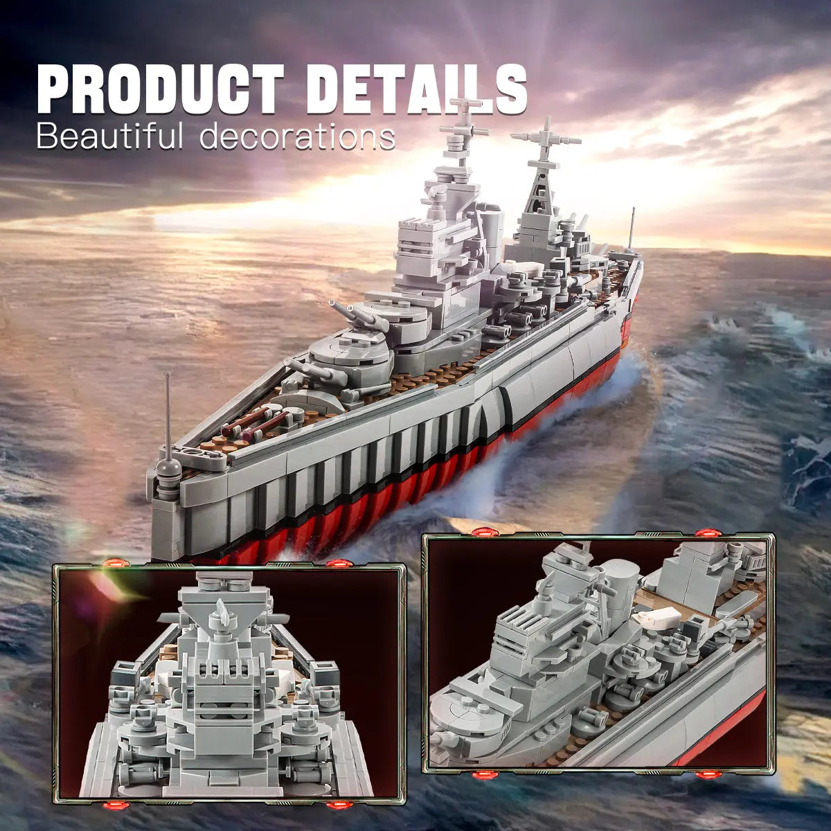 DAHONPA military battleship building blocks detailed showcase with superstructure and bow view insets