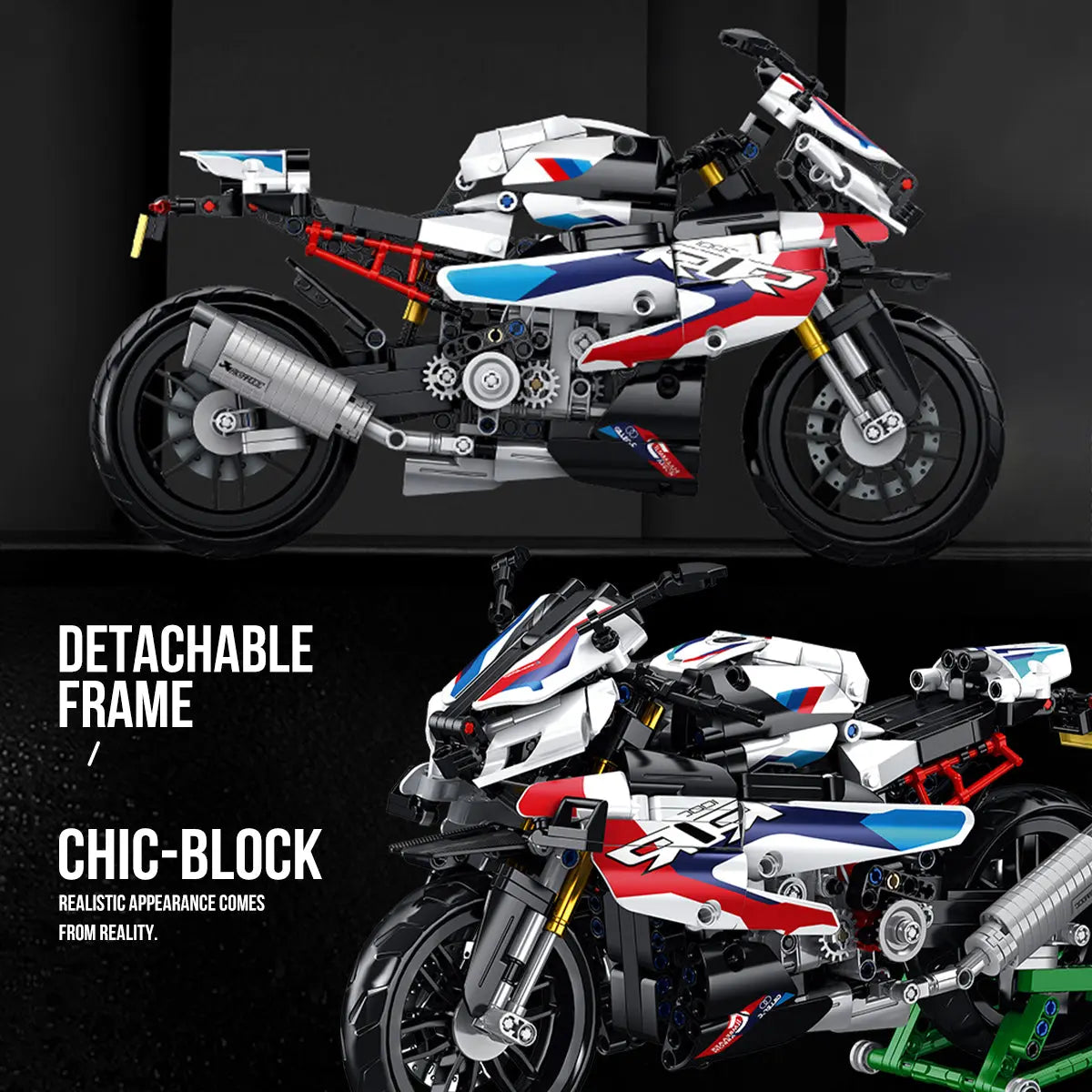 DAHONPA motorcycle building blocks model showcasing the detachable frame feature