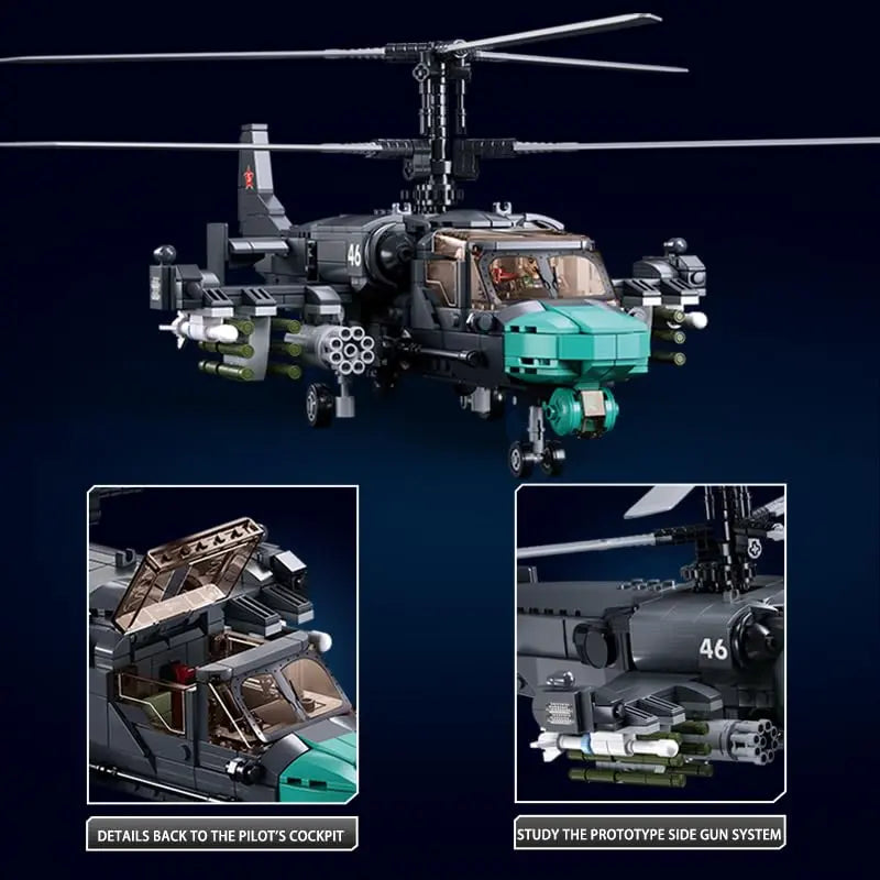 Demonstration of the openable dual pilot cockpit canopy and internal mechanical structures on the DAHONPA KA52S Building Blocks plane