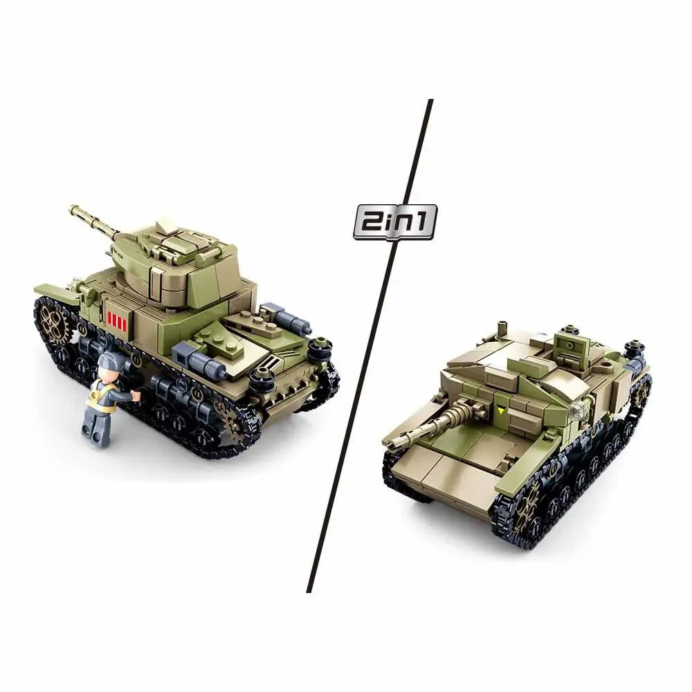 Demonstration of the versatile 2 in 1 design feature showcasing both tank and mobile artillery configurations within the DAHONPA building blocks set