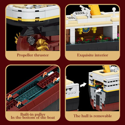 Detailed anatomy features of DAHONPA Titanic building blocks showing the propeller thruster exquisite interior and removable hull