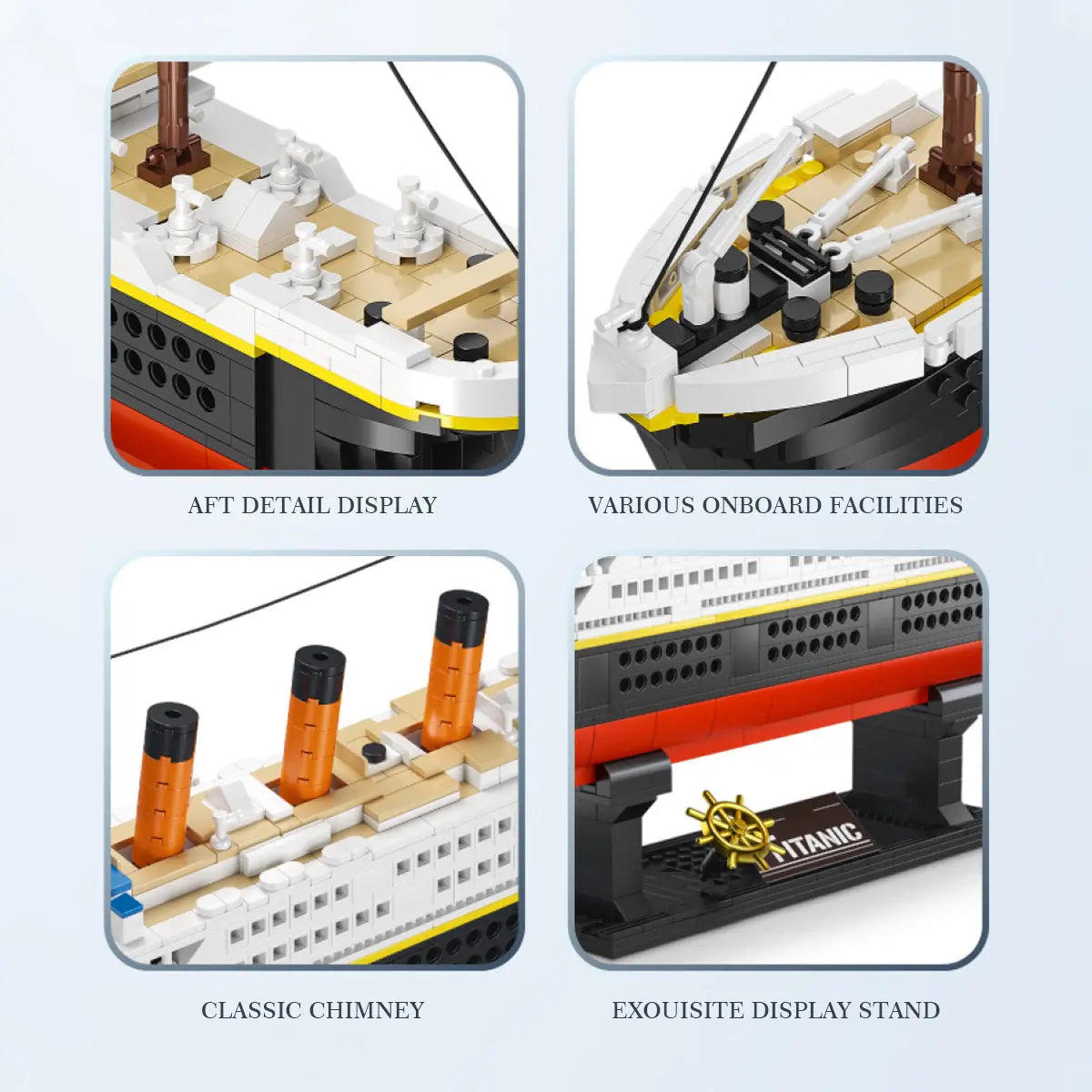 Detailed close-up views of DAHONPA Titanic cruise ship building blocks set components including propellers and bow