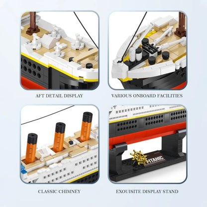 Detailed close-up views of DAHONPA Titanic cruise ship building blocks set components including propellers and bow