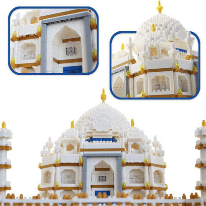 Detailed close up inset views highlighting the intricate archways and refined geometric structural layers of the DAHONPA Building Blocks replica