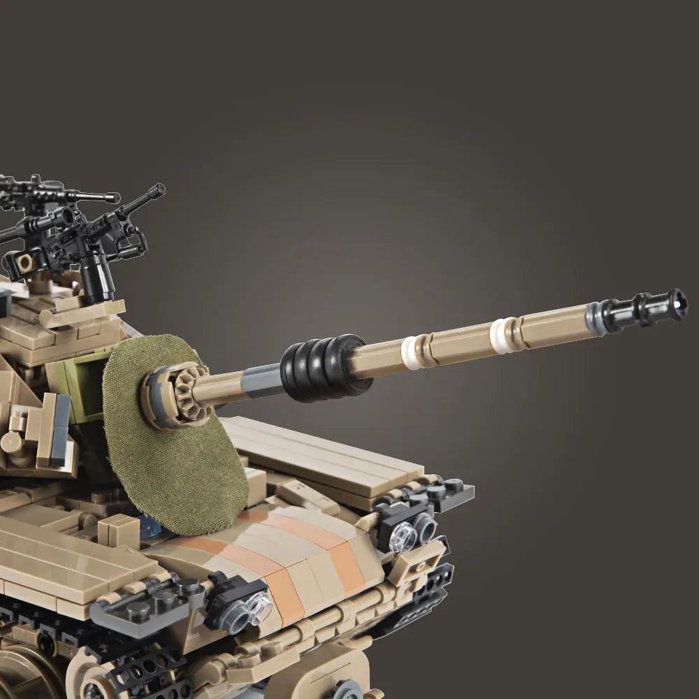 Detailed close up of the adjustable main gun barrel and mantlet shroud on the DAHONPA heavy tank building blocks model