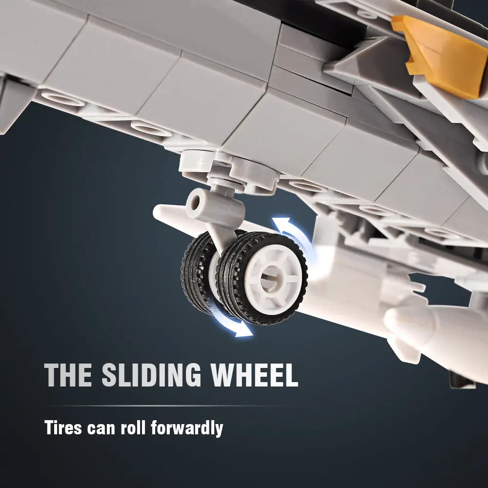 Detailed close up of the landing gear with sliding wheel rolling tires on the DAHONPA F14D Tomcat Building Blocks aircraft