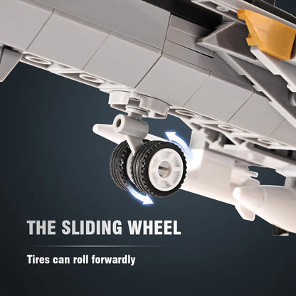 Detailed close up of the landing gear with sliding wheel rolling tires on the DAHONPA F14D Tomcat Building Blocks aircraft