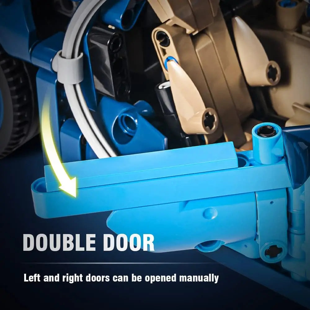 Detailed demonstration of the manually openable left and right doors on the DAHONPA sleek hypercar Building Blocks vehicle