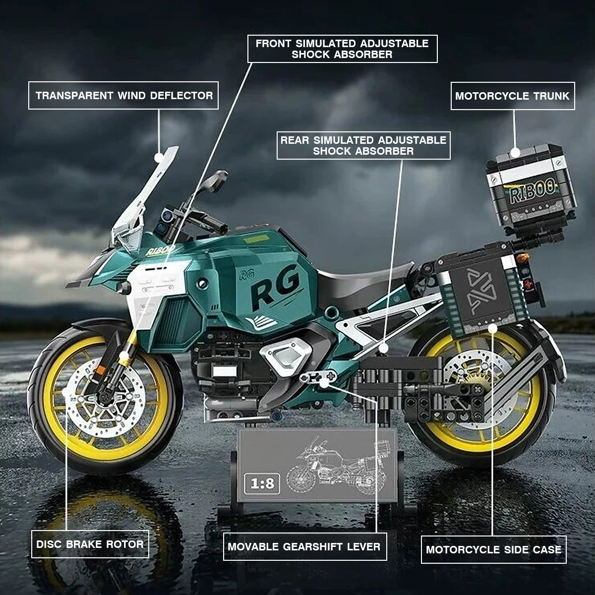DAHONPA Locomotive Series 1:8 Scale Sports Motorcycle Building Block Set – 831 Pieces, Realistic Adventure Bike Model with Display Stand