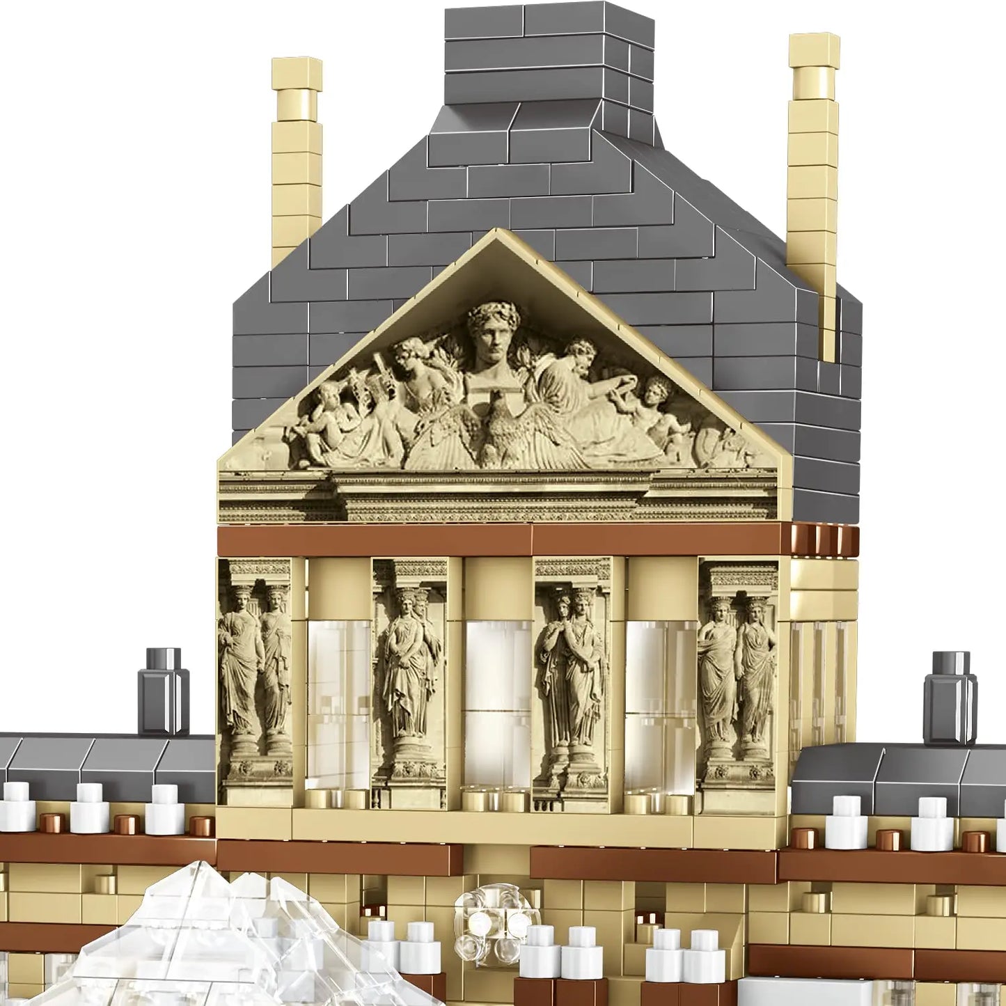Detailed macro view highlighting the intricate historical palace carvings and sculpted facade panels of the DAHONPA Building Blocks replica