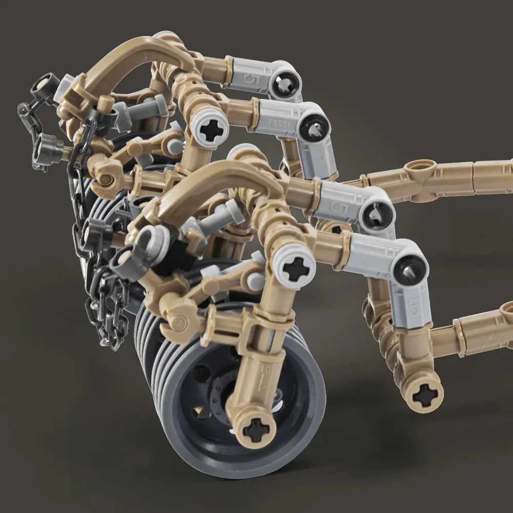 Detailed mechanical look at the detachable front mine clearing roller attachment engineered for the DAHONPA building blocks set tank