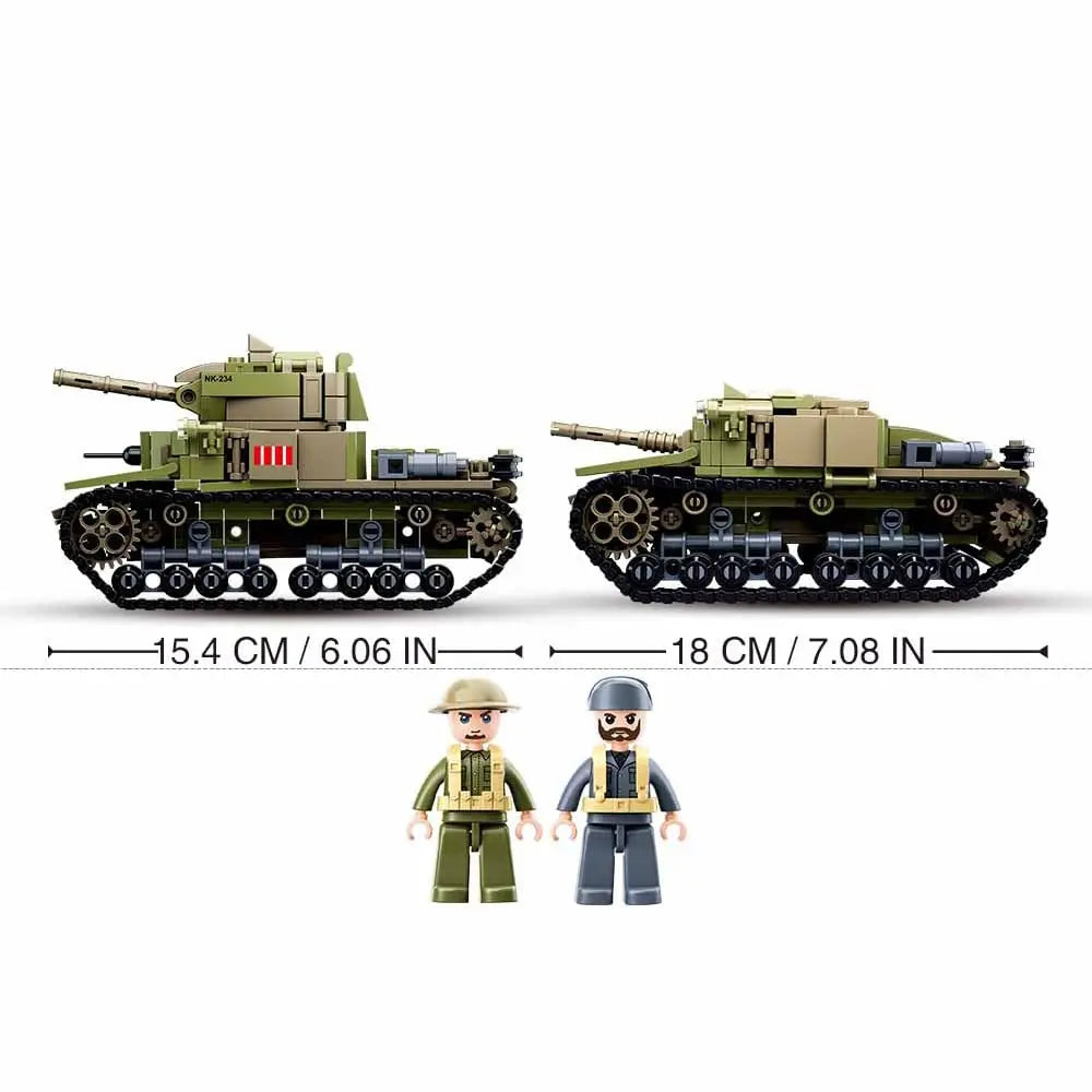 Detailed product dimension chart showing vehicle length specifications and included military minifigures for the DAHONPA tank building blocks model
