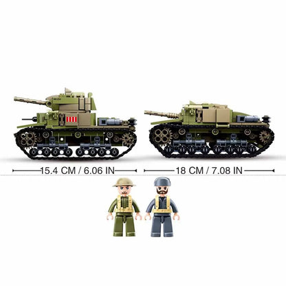 Detailed product dimension chart showing vehicle length specifications and included military minifigures for the DAHONPA tank building blocks model