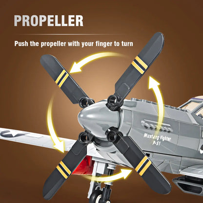 Detailed rotating front propeller feature with spinning mechanics on the DAHONPA P51 Mustang Building Blocks warbird