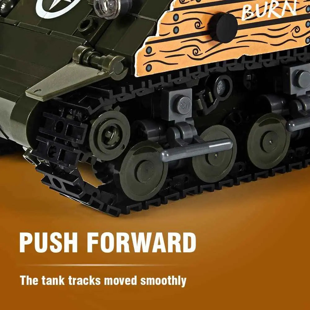 Detailed showcase of the smooth moving interlocking continuous tracks on the DAHONPA tank building blocks model
