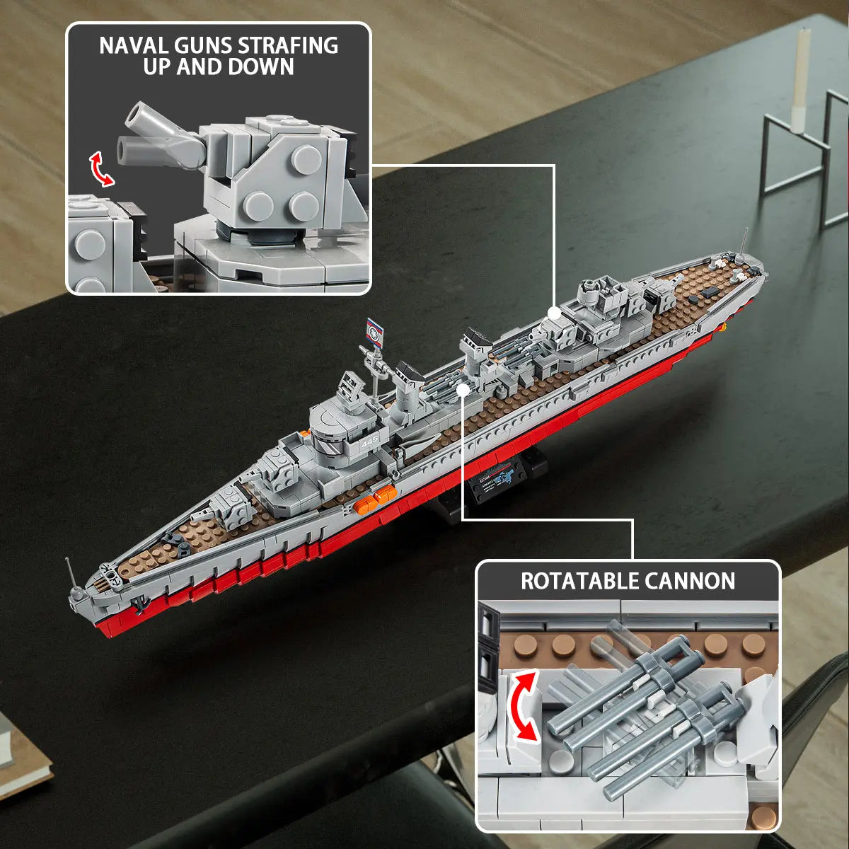 Detailed view of rotatable cannons and adjustable naval guns on the DAHONPA building blocks warship