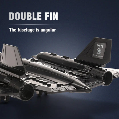 Detailed view of the angular dual fin fuselage design on the DAHONPA SR71 Building Blocks aircraft