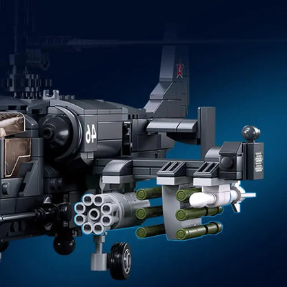 Detailed view of the heavy tactical weapon payload including rocket pods and missiles mounted on the wings of the DAHONPA KA52S Building Blocks model
