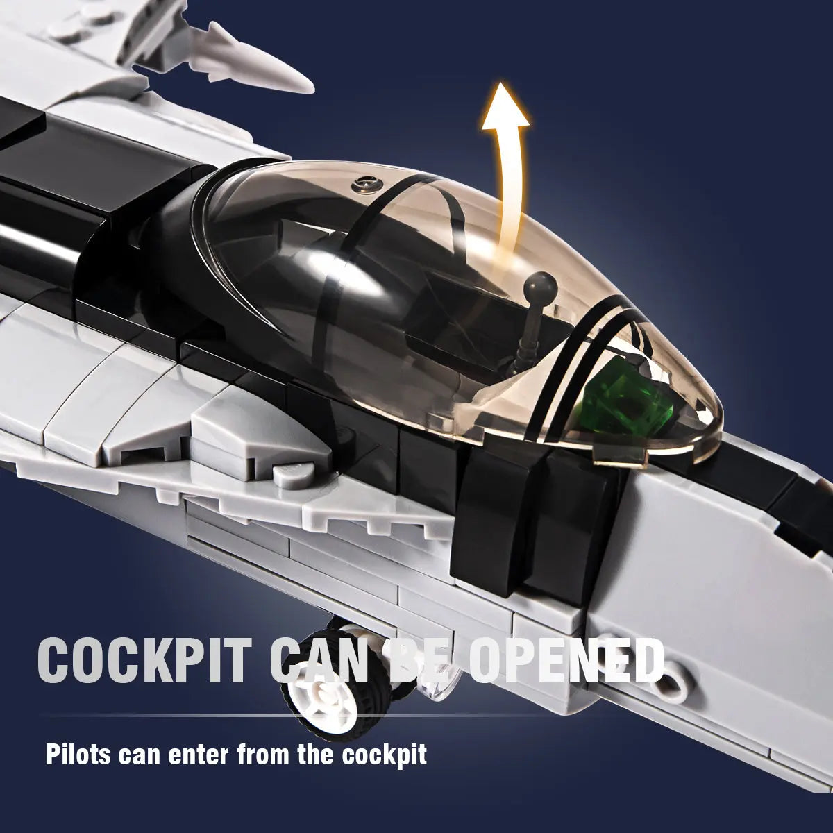 Detailed view of the opening cockpit canopy structure on the DAHONPA FA18E jet Building Blocks