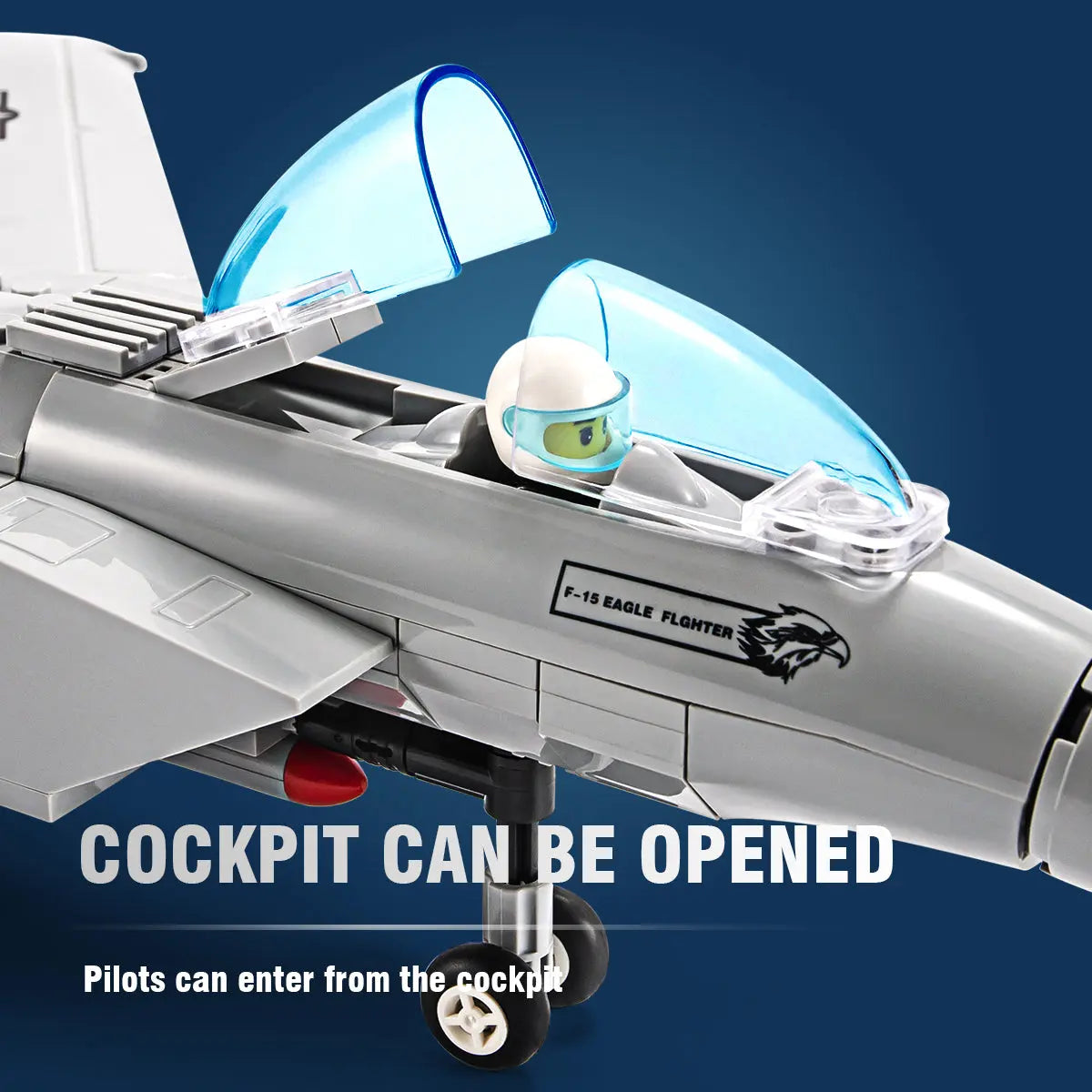 Detailed view of the opening cockpit canopy with a pilot figure inside the DAHONPA F15 jet Building Blocks