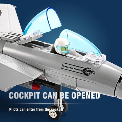 Detailed view of the opening cockpit canopy with a pilot figure inside the DAHONPA F15 jet Building Blocks