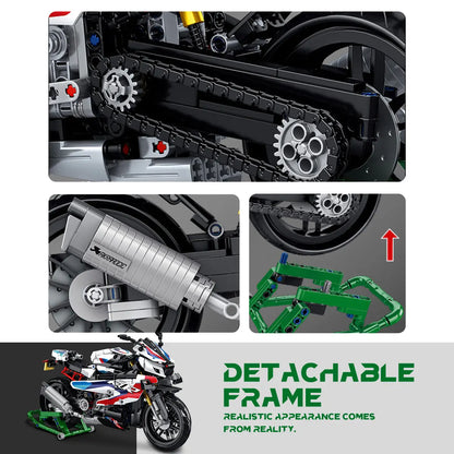 Detailed view of working chain drive gears and exhaust pipe on DAHONPA motorcycle building blocks
