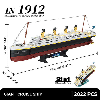 Dimension anatomy chart of DAHONPA Titanic cruise ship building blocks set displaying the 68.5cm length on a stand