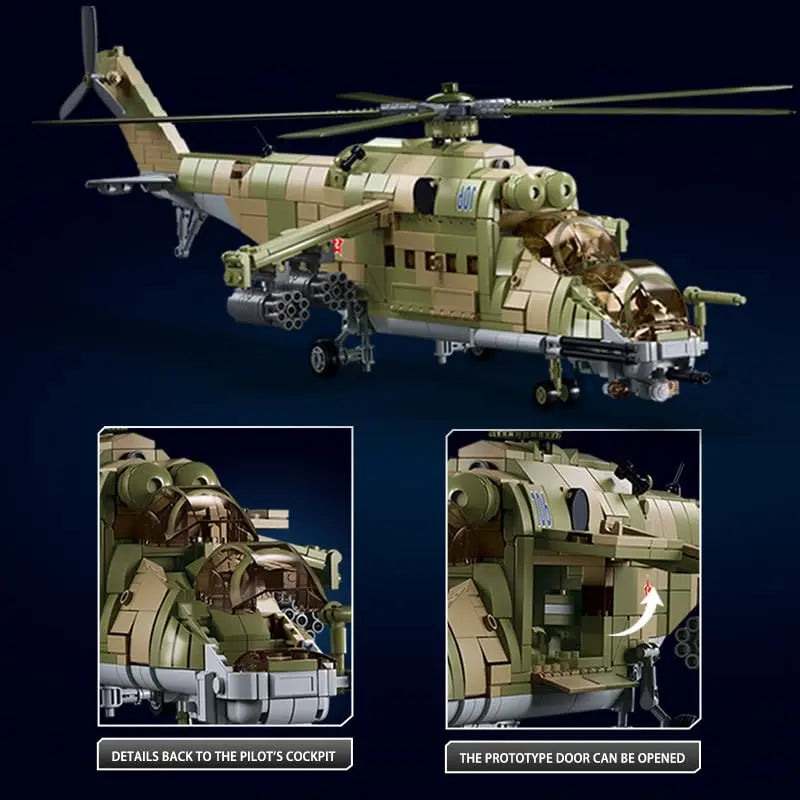 Double pilot cockpit canopy design and functional openable side passenger doors of the DAHONPA MI-24S heavy gunboat Building Blocks aircraft