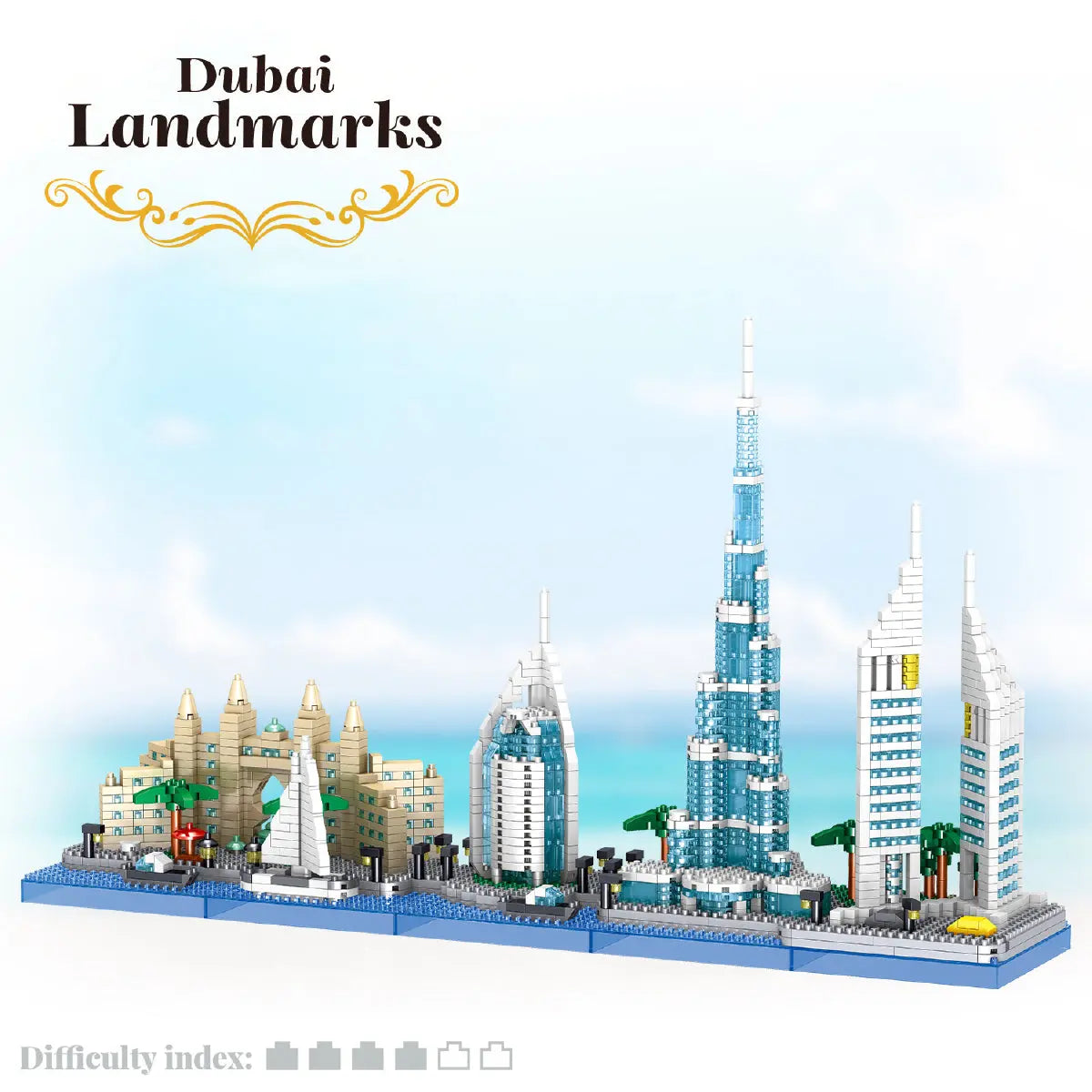 Dubai Landmarks marketing layout showcasing the completed Building Blocks model with a clear structural build difficulty index rating at the bottom
