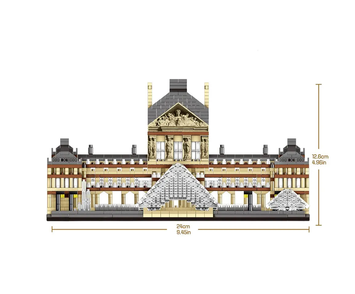 Front elevation view showing the precise scaled width and height measurements of the DAHONPA Louvre Building Blocks set