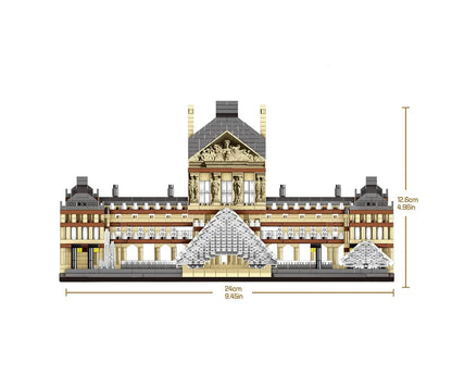 Front elevation view showing the precise scaled width and height measurements of the DAHONPA Louvre Building Blocks set