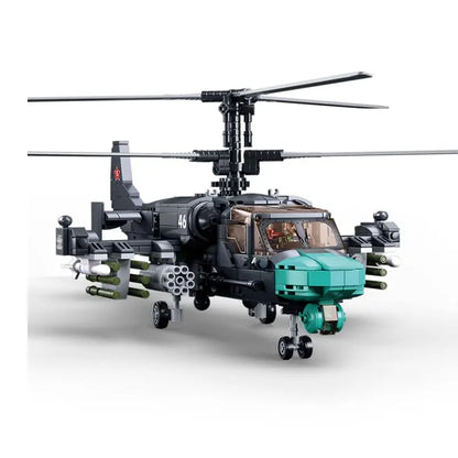 Front three quarter view of the completed DAHONPA KA52S military helicopter collectible crafted with premium Building Blocks