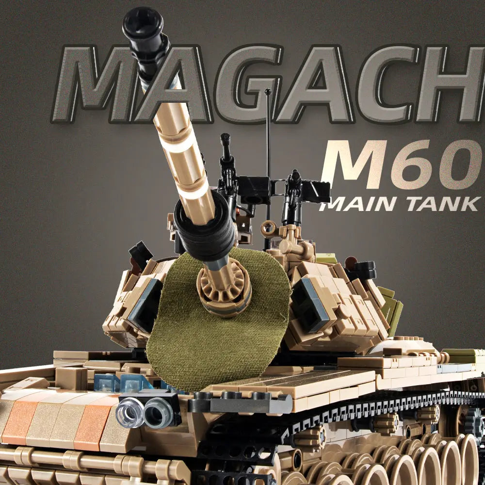 Front view closeup of the DAHONPA Magach M60 main battle tank building blocks turret showcasing the aggressive military vehicle profile