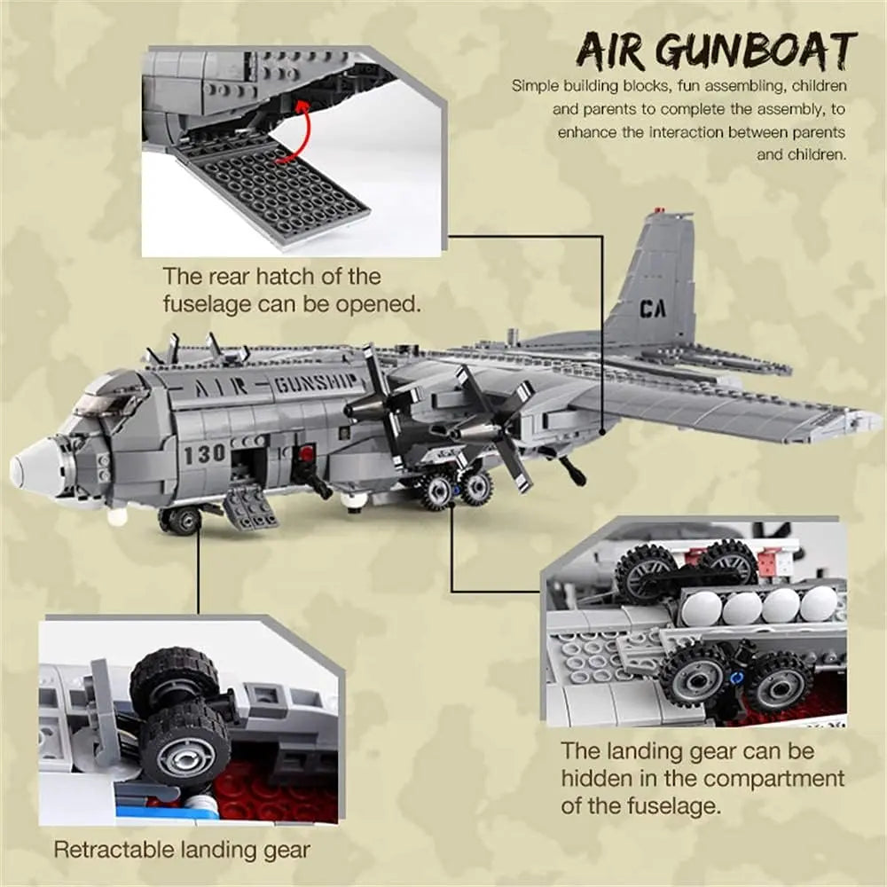 Functional feature callout displaying the retractable landing gear and openable fuselage doors of the DAHONPA AC130 Building Blocks jet