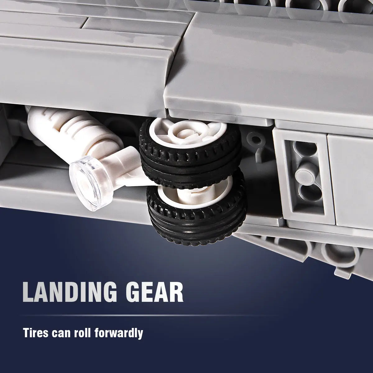 Functional landing gear with rolling tires on the DAHONPA FA18E military Building Blocks plane