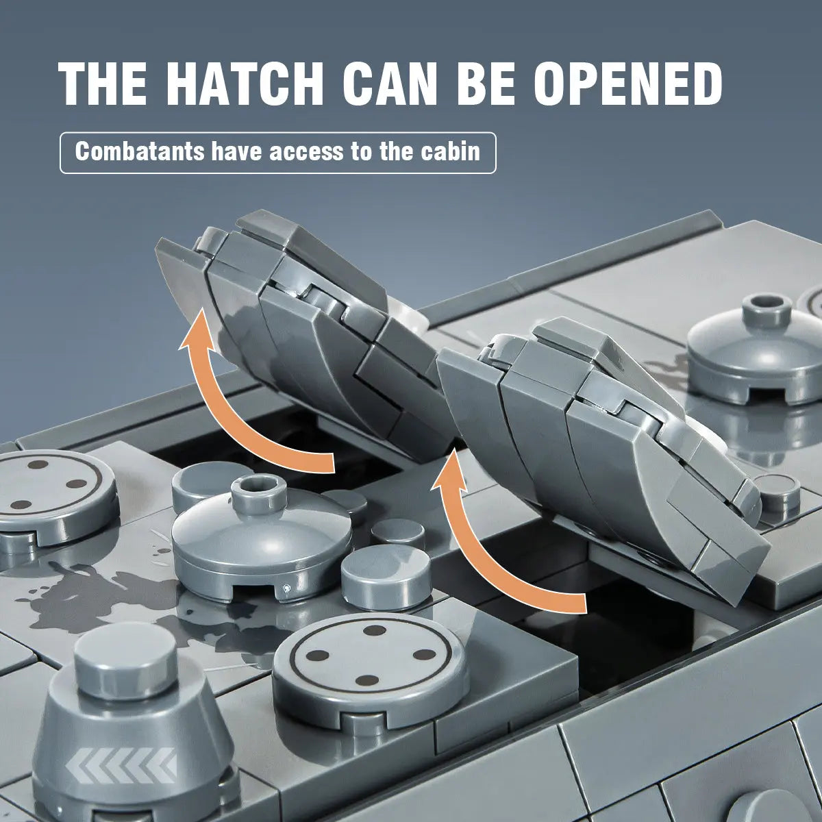 Functional top deck view of DAHONPA tank building blocks model displaying openable crew hatches for combatants