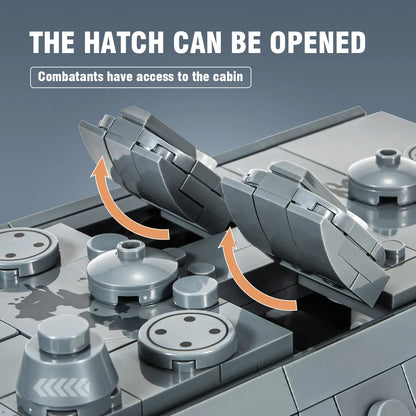 Functional top deck view of DAHONPA tank building blocks model displaying openable crew hatches for combatants