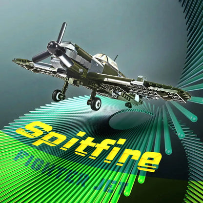 Futuristic matrix speed line graphics highlighting the completed DAHONPA WWII Spitfire tactical plane Building Blocks set