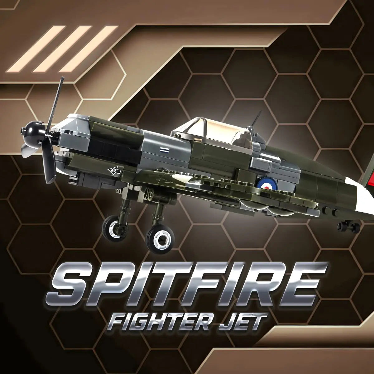 Geometric honeycomb theme banner featuring the DAHONPA WWII Spitfire fighter jet model created from premium Building Blocks
